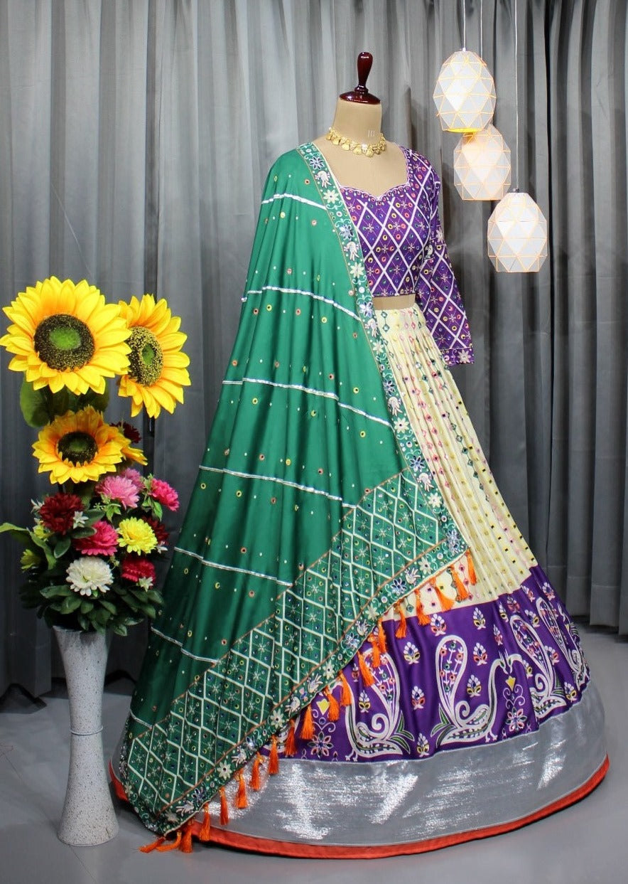 Purple Muslin Cotton igital Print & Real Mirror Work Lehenga set