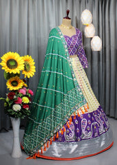 Purple Muslin Cotton igital Print & Real Mirror Work Lehenga set