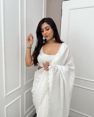 Ready To Wear White soft silk with Beautiful full Border Work Design