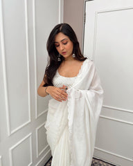 Ready To Wear White soft silk with Beautiful full Border Work Design