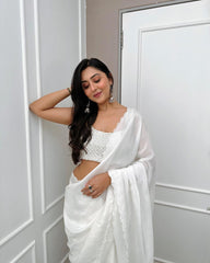 Ready To Wear White soft silk with Beautiful full Border Work Design