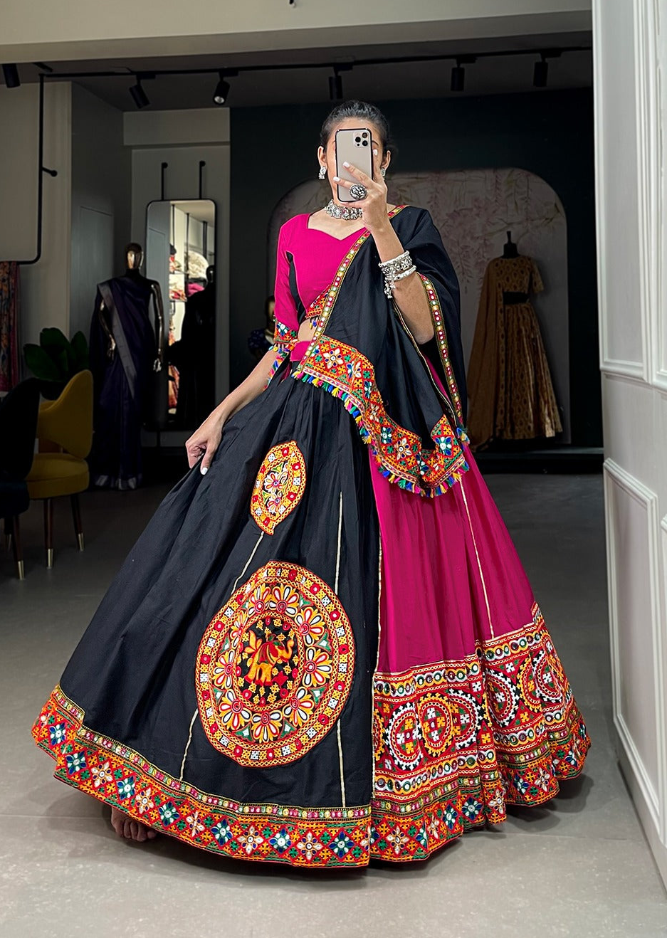 Black Pure Cotton Gamthi & Mirror Work Lehenga Choli Set