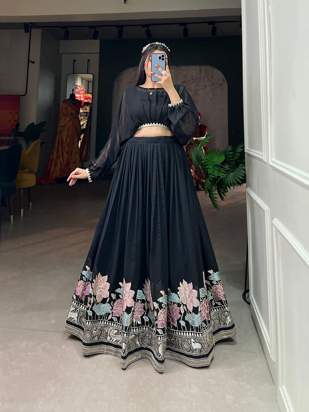 Black Georgette Sequins and Thread Embroidery Work Co-Ord Set