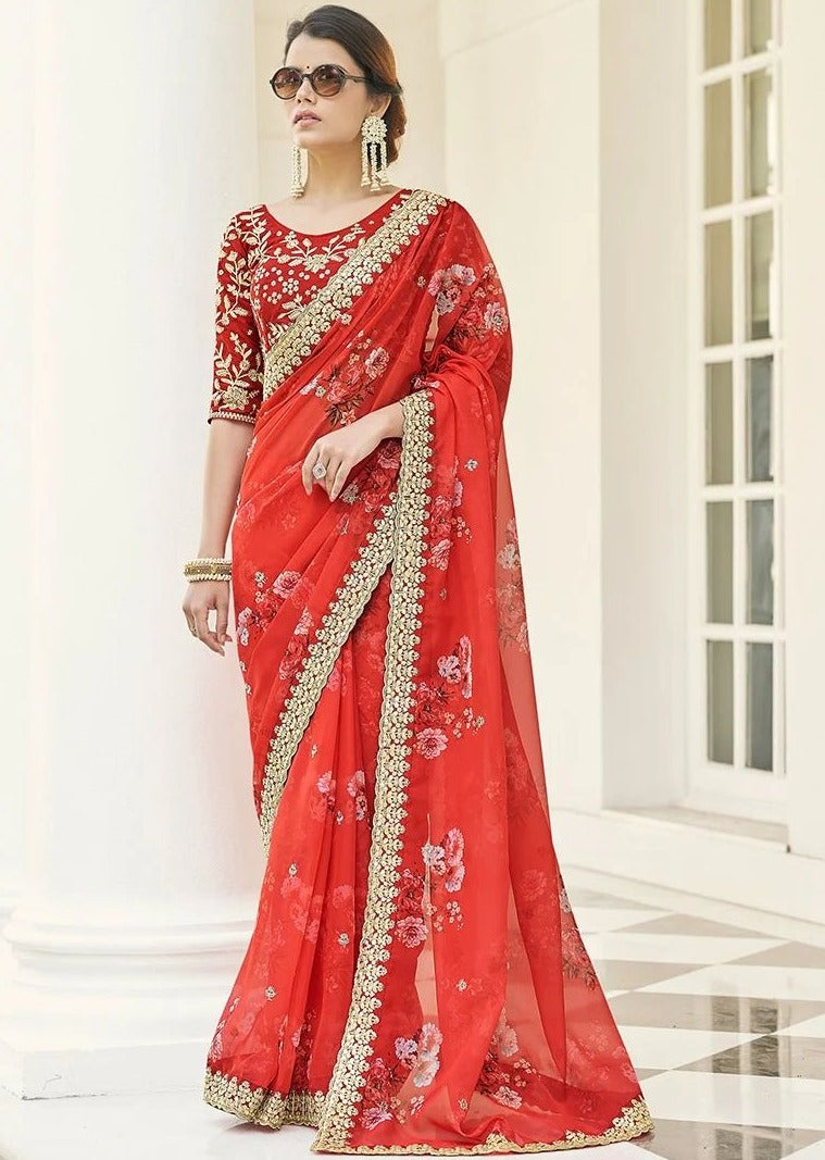 Red Vichitra Silk Saree With Beautiful Digital Print And Embroidery