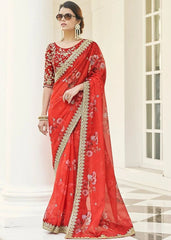 Red Vichitra Silk Saree With Beautiful Digital Print And Embroidery