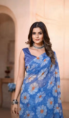 Ready to Wear Georgette Silk with beautiful Blue Colour flowers Design