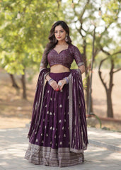 Wine Faux Blooming With Sequins & thread Embroidered work Lehenga Set