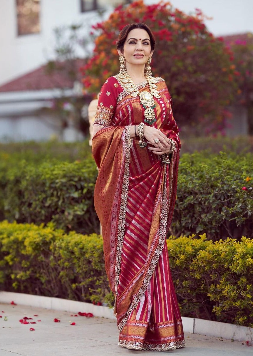 Red Lichi silk Saree in  Golden Zari design With Beautiful Jaquard Border