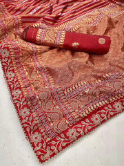 Red Lichi silk Saree in  Golden Zari design With Beautiful Jaquard Border