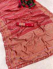 Red Lichi silk Saree in  Golden Zari design With Beautiful Jaquard Border