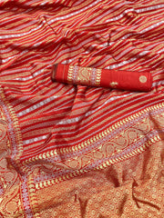 Red Lichi silk Saree in  Golden Zari design With Beautiful Jaquard Border