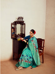 Teal Brasso Print Silk Saree with Beautiful Camel Print