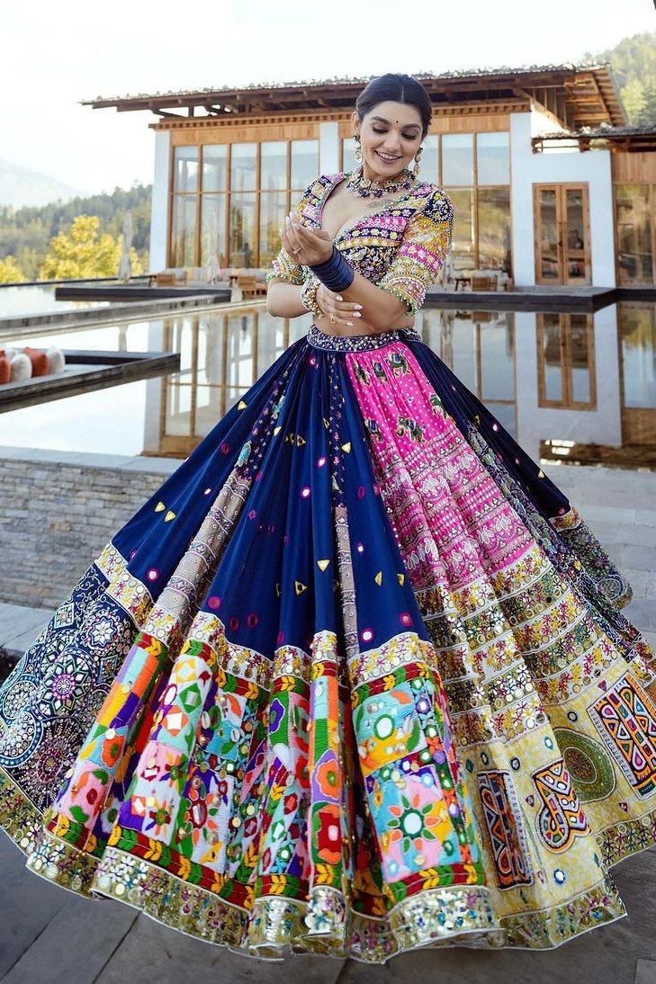 Classy Butter Silk Blue Color Lehenga Set  With Real Mirror Work