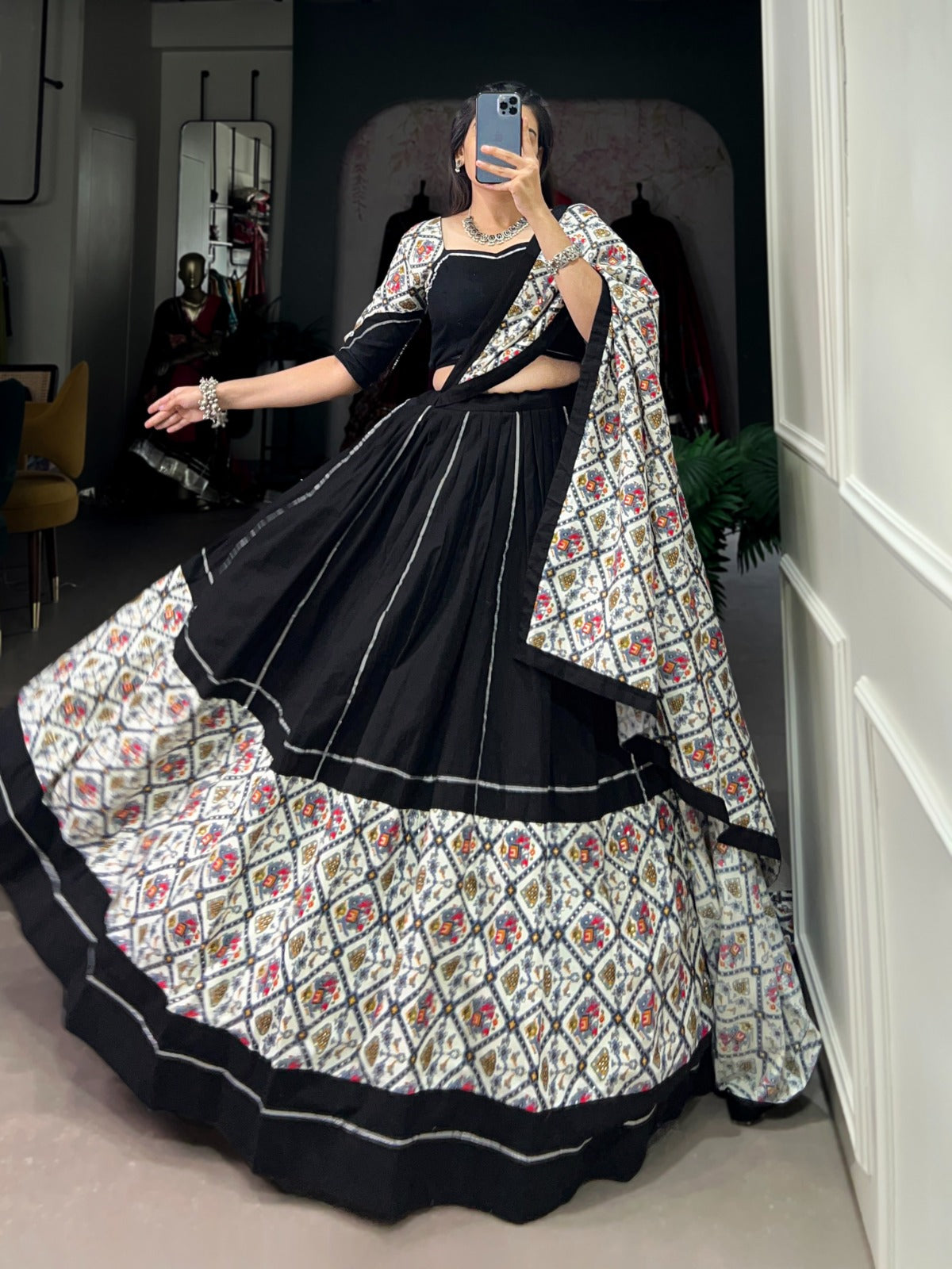 Black Cotton Plain And Foiled Patola Print With Gota Patti Lehenga Set