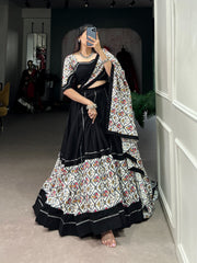 Black Cotton Plain And Foiled Patola Print With Gota Patti Lehenga Set