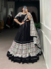 Black Cotton Plain And Foiled Patola Print With Gota Patti Lehenga Set