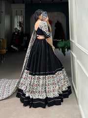 Black Cotton Plain And Foiled Patola Print With Gota Patti Lehenga Set