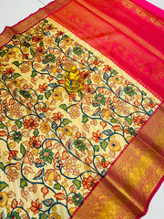 Kalamkari saree with brocade blouse and Jari Wewing Contrast Pallu