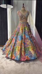 Multi colour Flared Printed Sequins Embroidery Work Lehenga Set