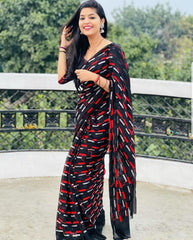 Black Georgette With Red Dhaga & Sequence Lining Work All Over Saree