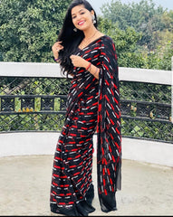 Black Georgette With Red Dhaga & Sequence Lining Work All Over Saree