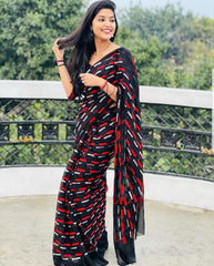 Black Georgette With Red Dhaga & Sequence Lining Work All Over Saree