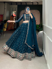 Teal Georgette Sequins and Thread Embroidery Work Lehenga Set