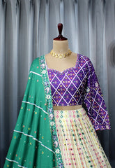 Purple Muslin Cotton igital Print & Real Mirror Work Lehenga set