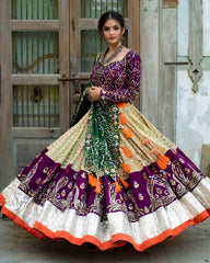 Purple Muslin Cotton igital Print & Real Mirror Work Lehenga set