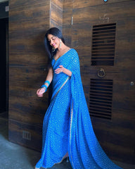 Ready To Wear Blue Georgette silk Saree with beautiful Bandani Design