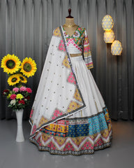 White Heavy Flair Lehenga Choli, Dupatta Set