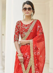 Red Vichitra Silk Saree With Beautiful Digital Print And Embroidery