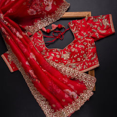 Red Vichitra Silk Saree With Beautiful Digital Print And Embroidery