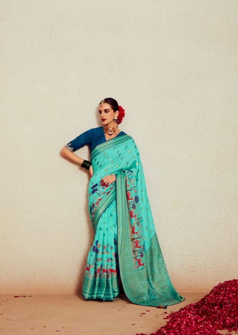 Teal Brasso Print Silk Saree with Beautiful Camel Print