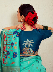 Teal Brasso Print Silk Saree with Beautiful Camel Print