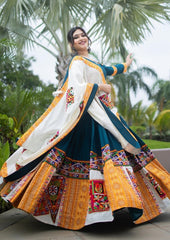 Teal  Butter Silk With Fancy Digital Print &Real Mirror Work Lehenga Set