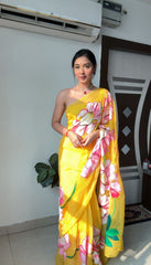 1-Min Ready to wear soft Organza silk with beautiful multi colour yellow flower design