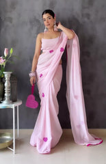 1-Min Ready to Wear Georgette silk with Embroidery pink colour heart design