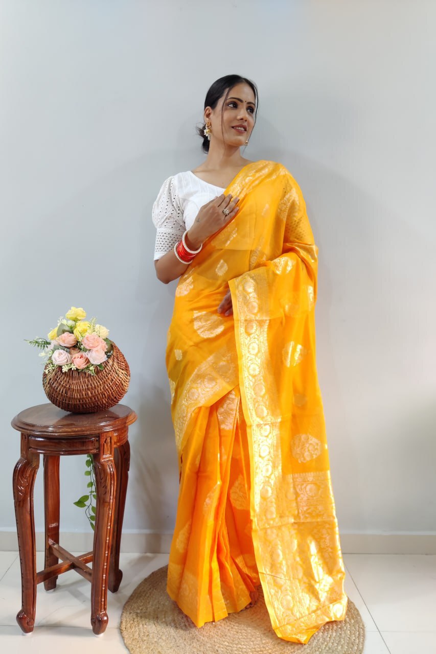 1- Min Ready to Wear Cotton Silk Saree with Jari Patta