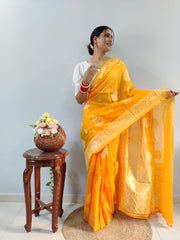 1- Min Ready to Wear Cotton Silk Saree with Jari Patta