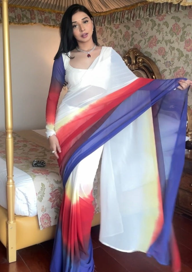 1- Min Ready to Wear Georgette Silk Saree with Blue and Red colour combination