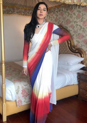 1- Min Ready to Wear Georgette Silk Saree with Blue and Red colour combination