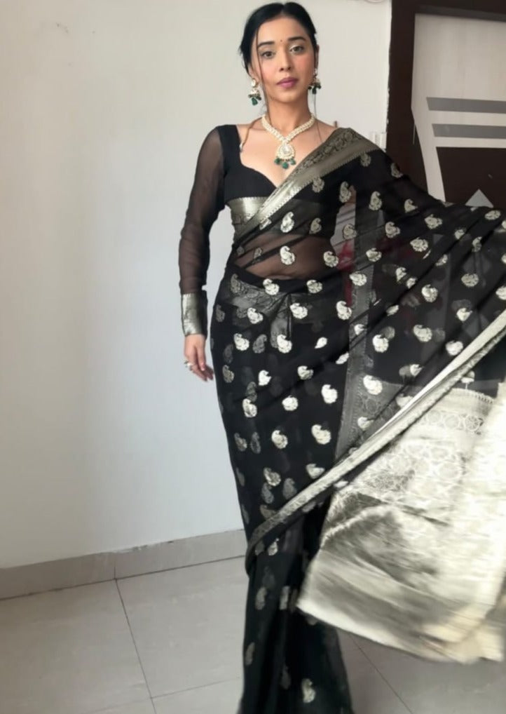 1-Min Ready to Wear Lichi Silk Saree with Silver Jari design