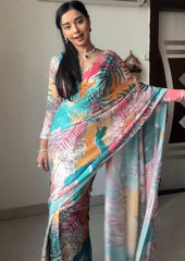 1- Min Ready to Wear Georgette silk Saree with multi colour Digital Print