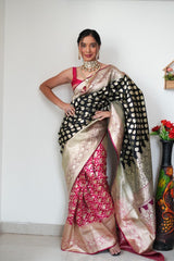 1- Min Ready to Wear Soft Banarasi Silk Saree With  Jaquard Border