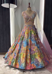 Multi colour Flared Printed Sequins Embroidery Work Lehenga Set