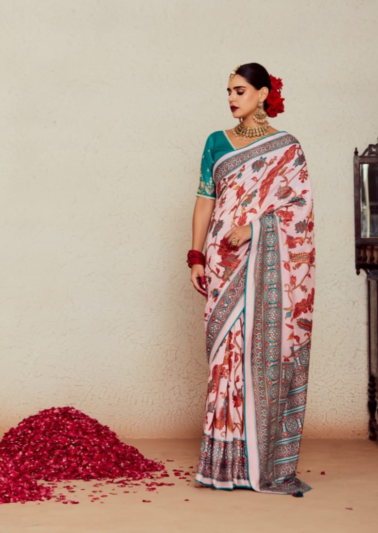 White Brasso Print Silk Saree With Beautiful Flower