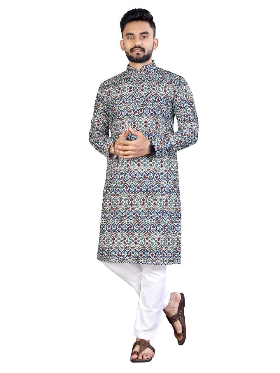 Beautiful desi boy look with this timeless Multicolour men’s kurta and payjama.